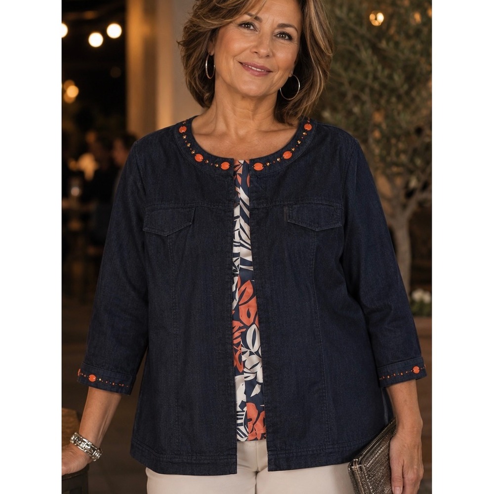 Alfred Dunner Blue Denim Jacket 14 Embellished Beaded Collarless 3/4 Sleeve